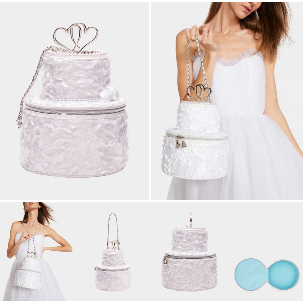 Elegant White Wedding Cake Handbag with Heart on top.